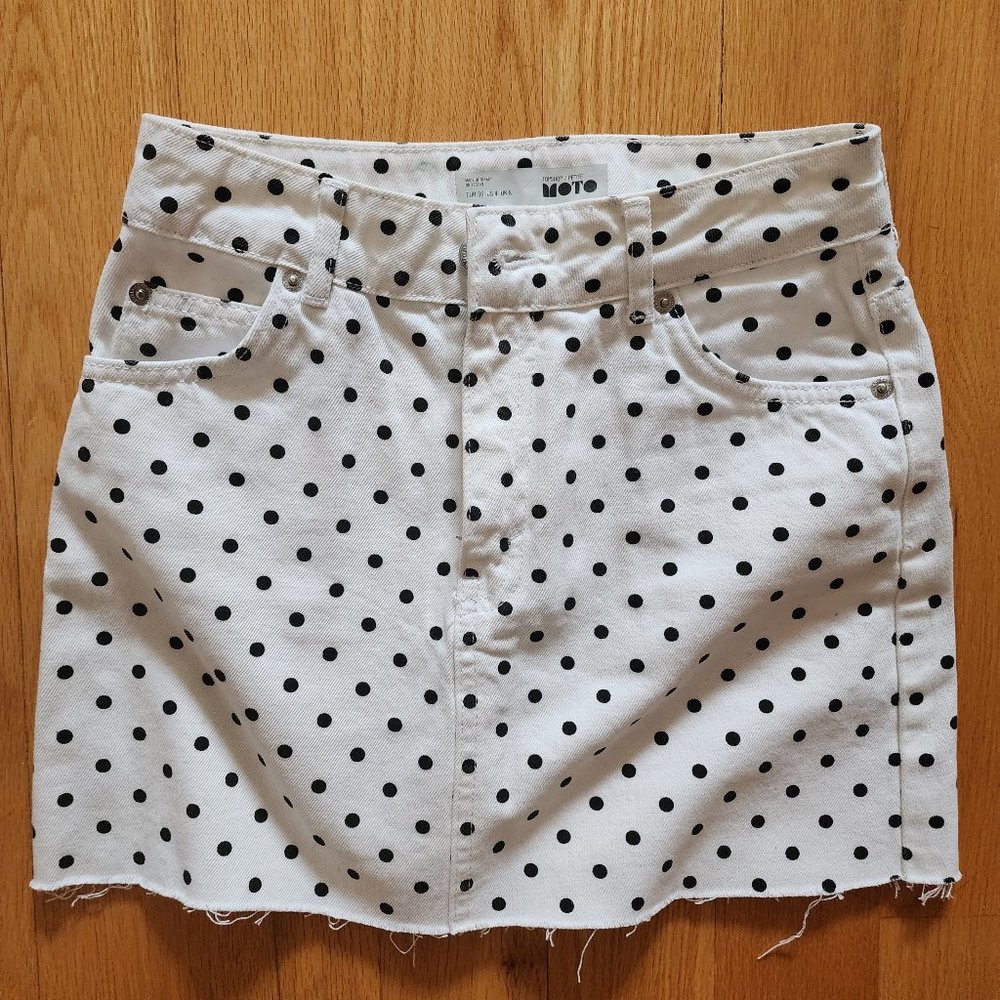 NWOT Topshop Denim Mini Skirt Petite White Black Polka Dot size 4